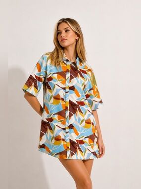 Sofia Richie x Bar III Shirt Dress Coastal Resort Chic Abstract Print